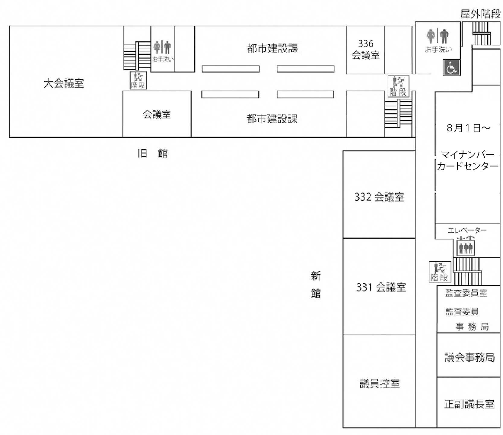 庁舎3階の案内図、奥に旧館があり、左奥から右に大会議室、階段、お手洗い、都市建設課、未記載の部屋、お手洗い、屋外階段、その手前の左奥から右に大会議室、会議室、都市建設課、未記載の部屋、階段、手前に新館があり、右奥から手前に8月1日からマイナンバーカードセンター、お手洗い、エレベーター、階段、監査委員室、監査委員事務局、議会事務局、正副議長室、左奥から手前に332会議室、331会議室、議員控室