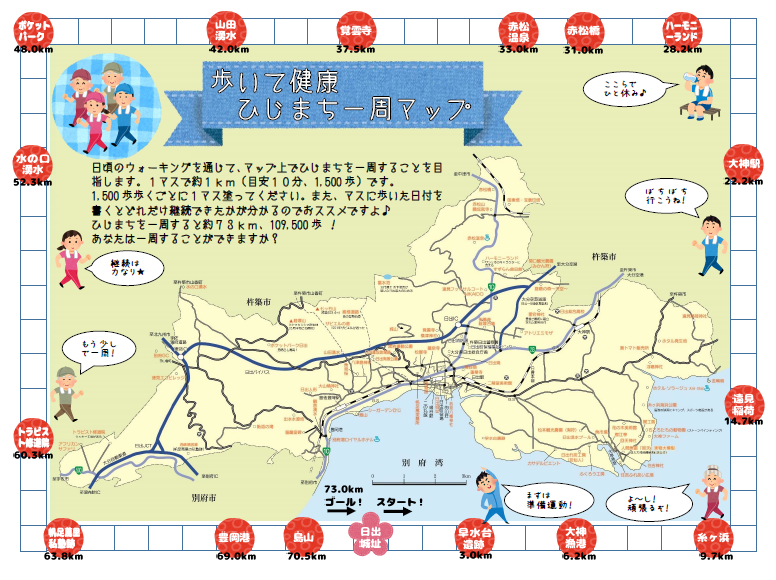 日出町全体の地図を囲むように名所などのポイントが書かれたマス目がかかれている日出町一周マップ見本