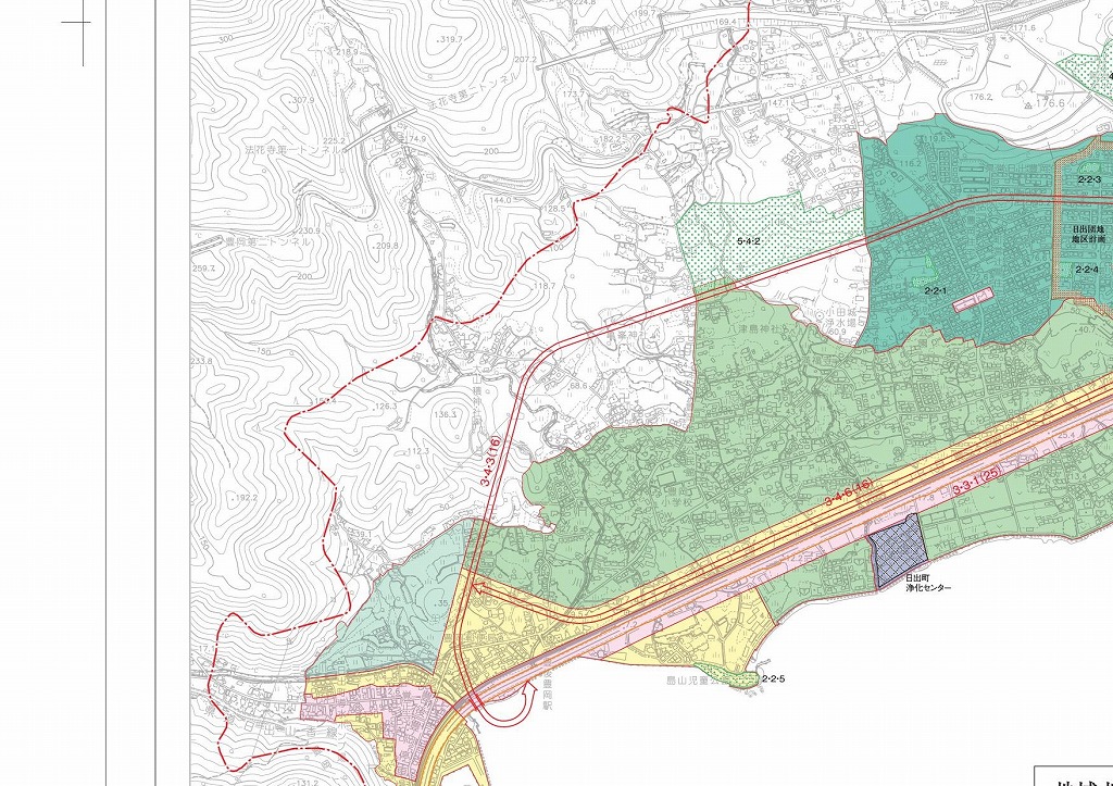 画像：豊岡小学校や豊後豊岡駅周辺が載っていて、緑や黄色で塗られている箇所もある日出都市計画平面図を16分割した内の1つの地図画像
