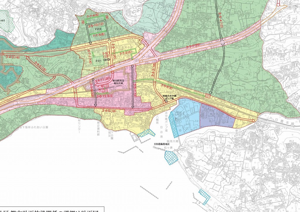 画像：暘谷駅周辺が載っていて、緑や黄色、ピンク色で塗られている箇所もある日出都市計画平面図を16分割した内の1つの地図画像