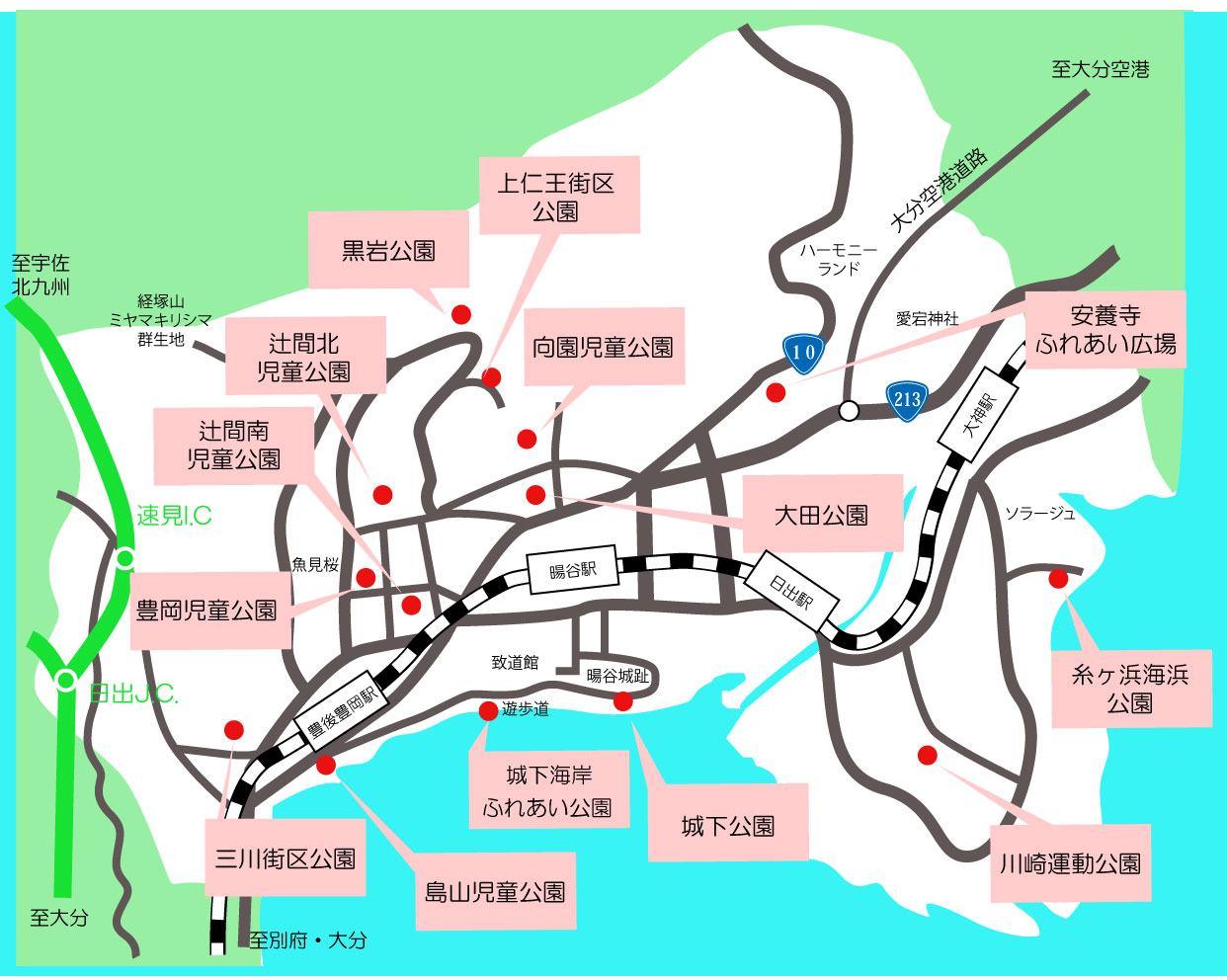 日出町にある公園の場所を示した地図