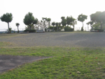 広い砂地の周りに芝生が生えている多目的広場の写真