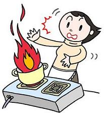 鍋から火があがり、驚いている女性のイラスト