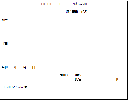 請願提出様式見本 詳細は以下。