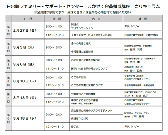 令和8年度 ファミリー・サポート・センターまかせて会員養成講座 カリキュラム